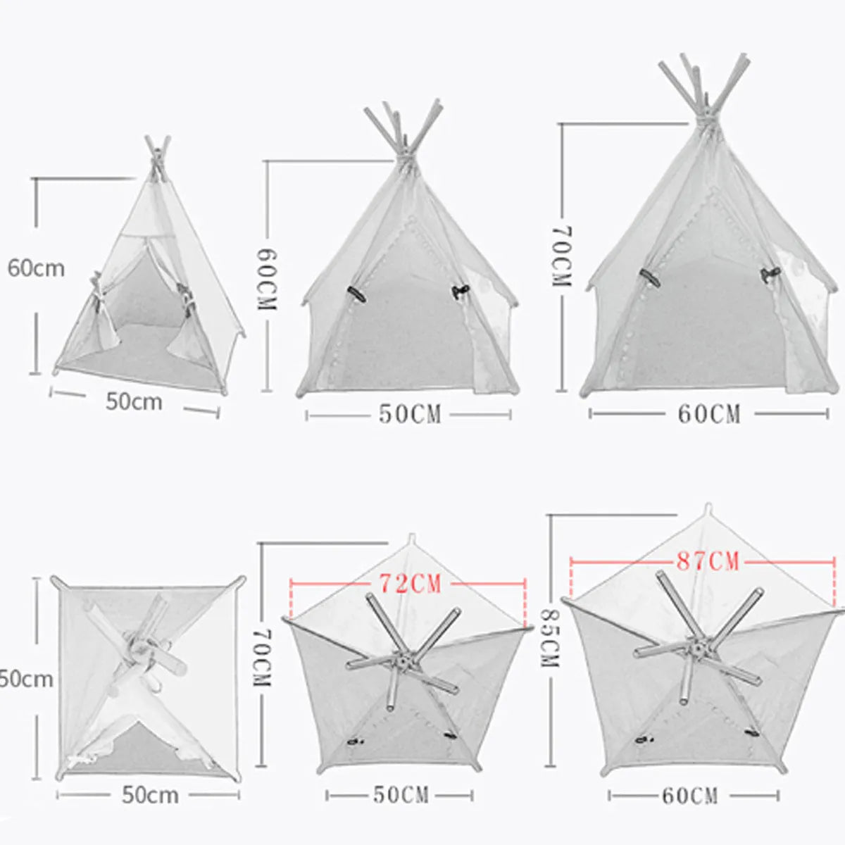 Portable pet teepee tent bed for small dogs or cats with striped flax linen cover and cushion