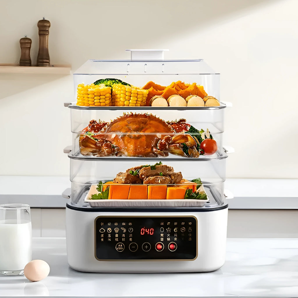 Household electric steamer appliance with stainless steel rack and 10L capacity