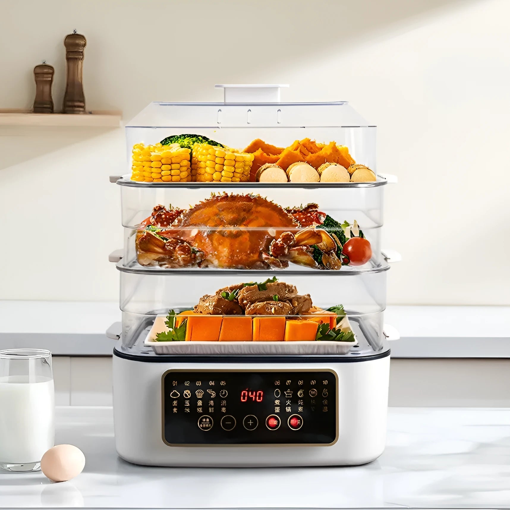 Household electric steamer appliance with stainless steel rack and 10L capacity