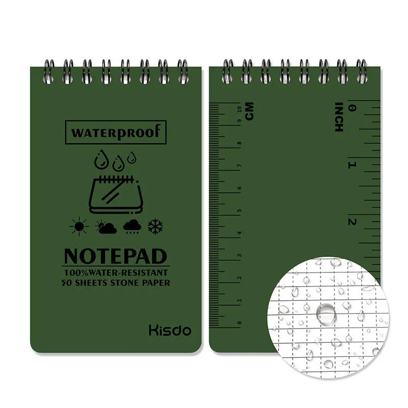 A5 spiral-bound waterproof notepad in camouflage colour, showing PP cover and stone paper pages.