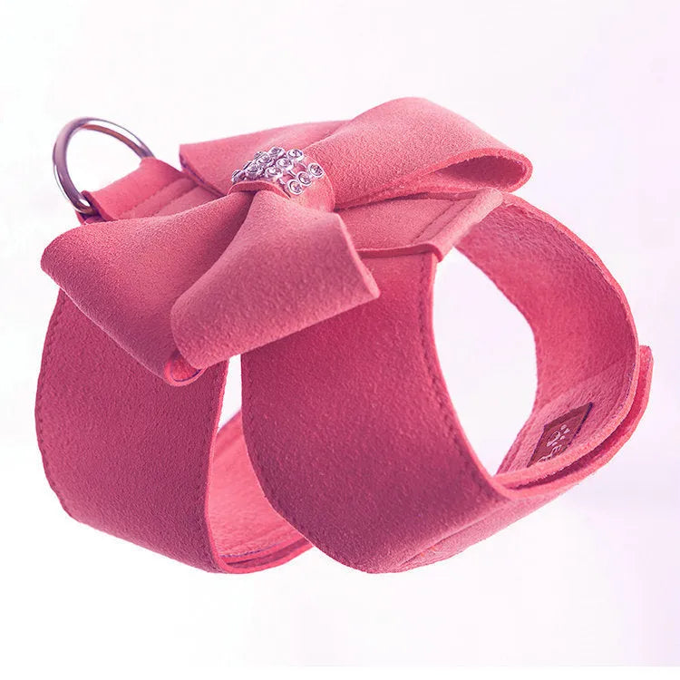 Cute fashion bowknot puppy chest strap in microfiber, shown in pink, blue, and orange colours.