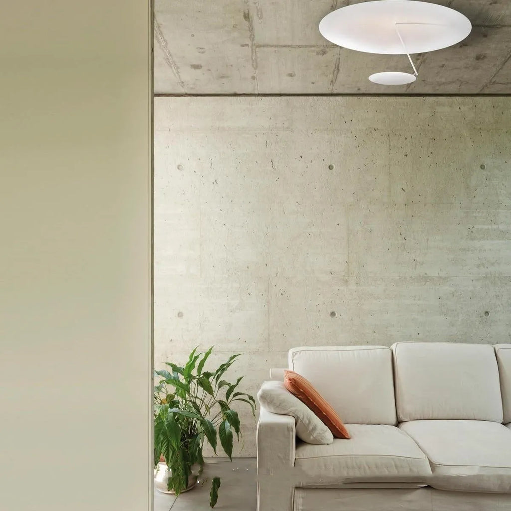 Iron ceiling lamp with a 50cm diameter in a white or white gold finish, showing integrated LED warm lights.