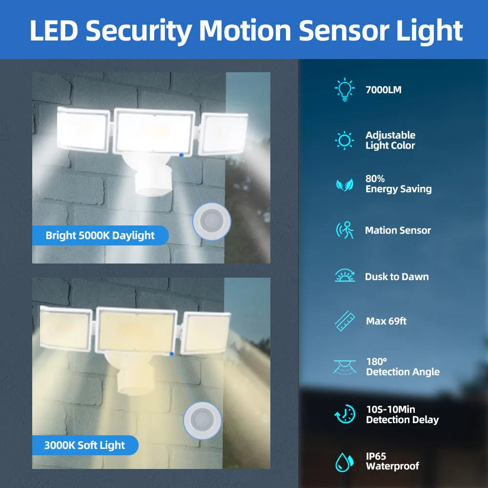 White or black LED motion sensor flood light with 120V input for outdoor security lighting