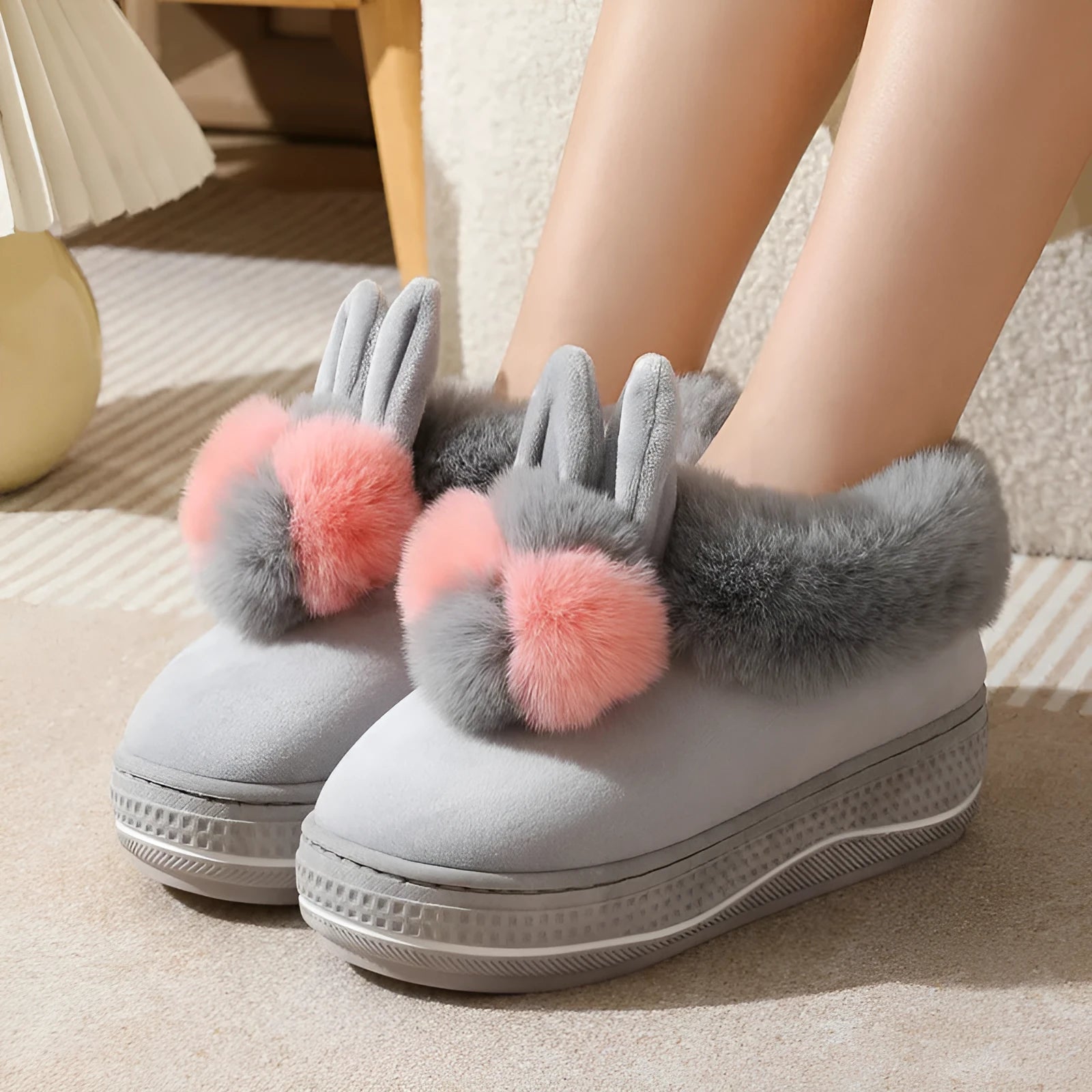 Women's winter high heel cotton slippers in black with thick sole and plush upper