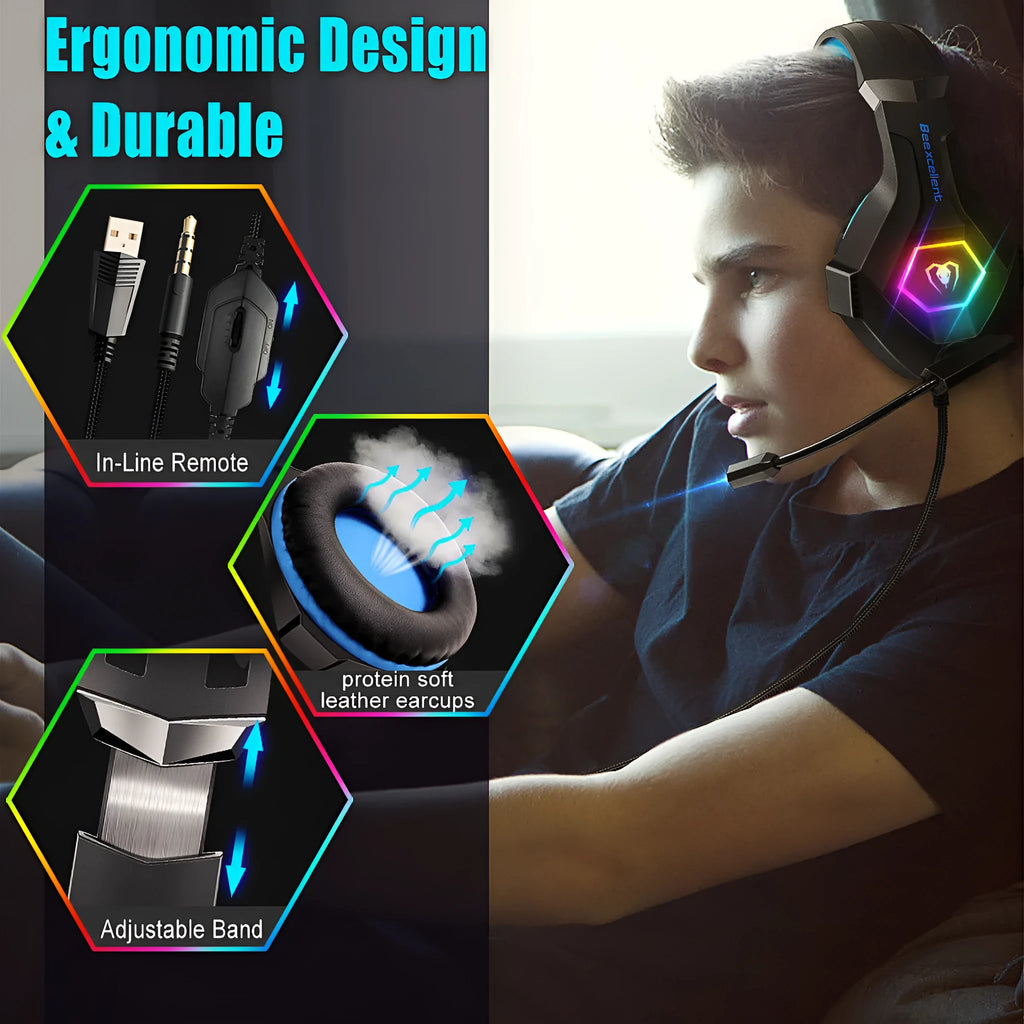 Thunder Wear gaming headset with microphone, LED lighting, and 1.8 metre cable in black with blue accent colour