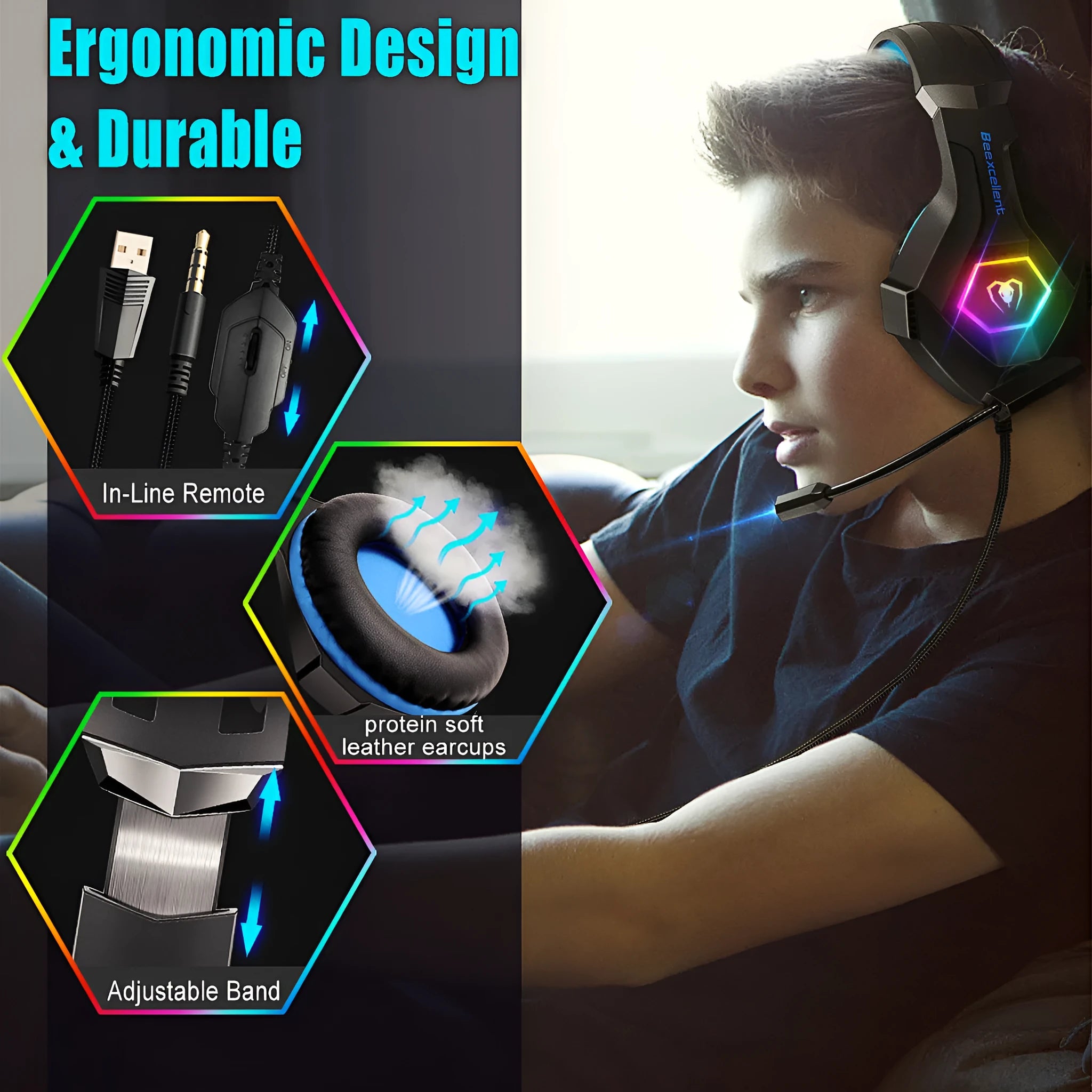 Thunder Wear gaming headset with microphone, LED lighting, and 1.8 metre cable in black with blue accent colour