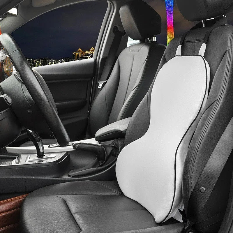 Solid colour car lumbar support cushion with memory cotton filler on a car seat.