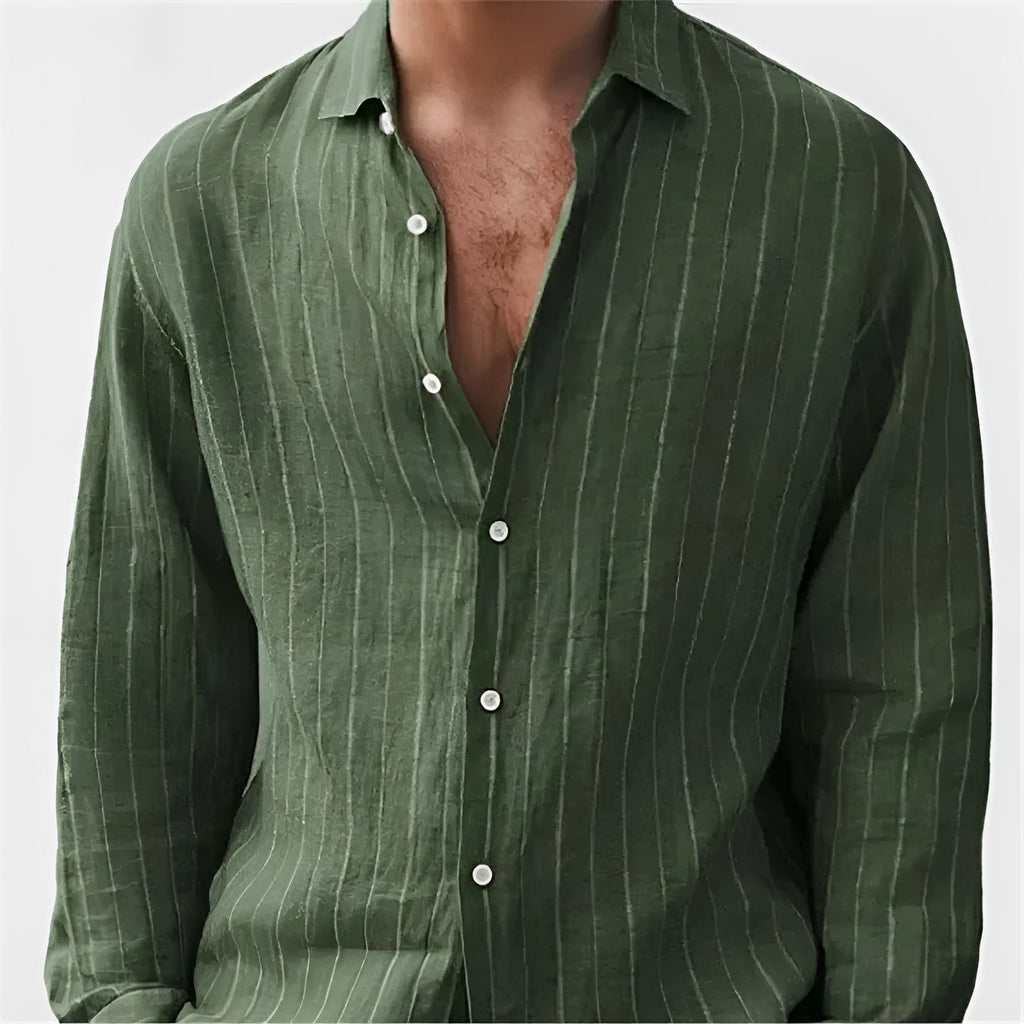 Men's loose fit striped print cardigan shirt in polyester with short sleeves