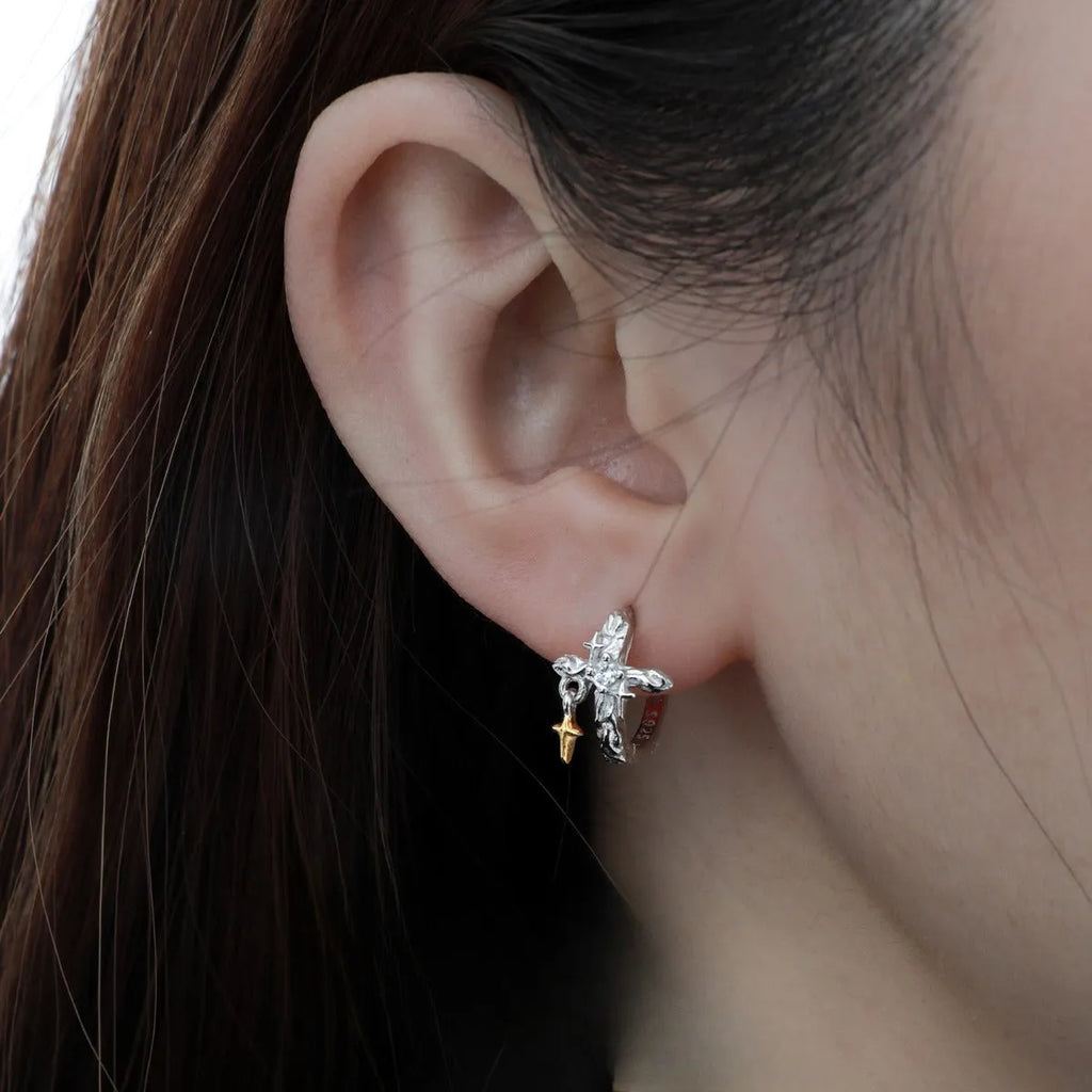 925 sterling silver cross earrings with white gold plating and geometric design