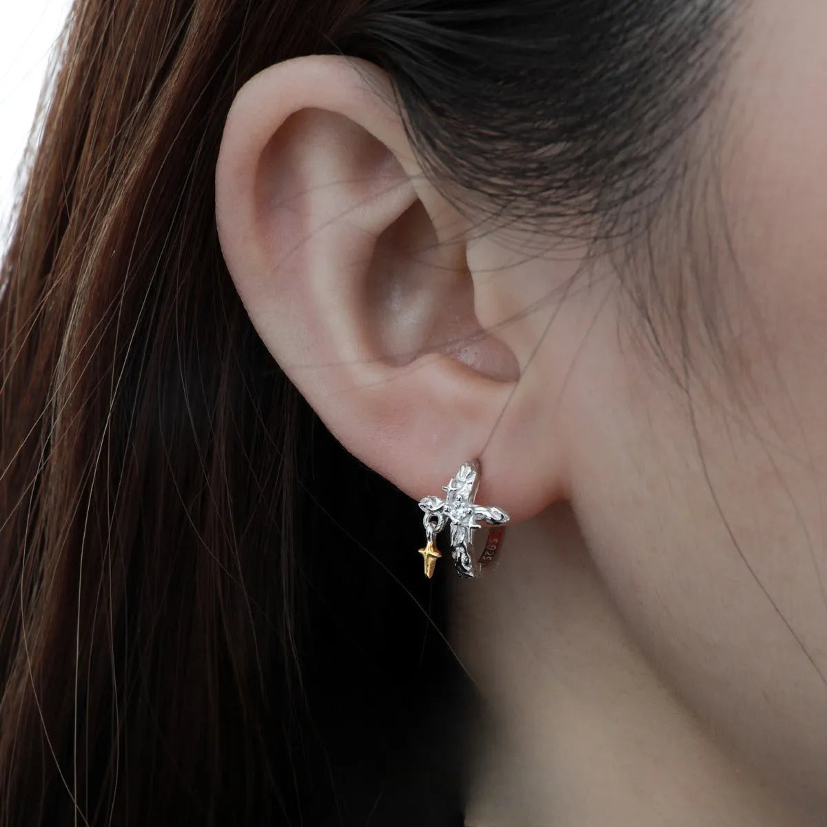 925 sterling silver cross earrings with white gold plating and geometric design