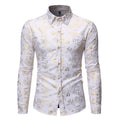 Man wearing a men's casual shirt with a metal bronzing print on the lapel, made from elastic polyester fabric.