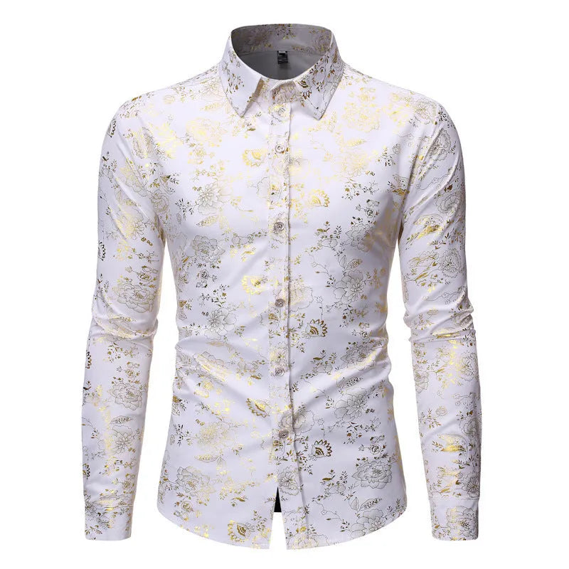 Man wearing a men's casual shirt with a metal bronzing print on the lapel, made from elastic polyester fabric.