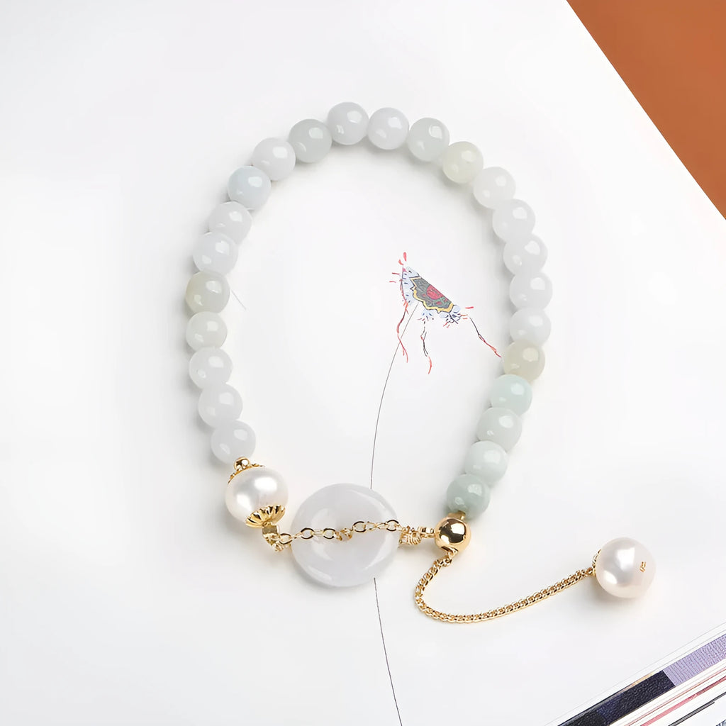 Women's jade pearl bracelet with geometric design and peace buckle closure in Chinese national style