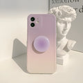 Yellow-purple gradient silicone iPhone case with retractable viewing bracket shown on mobile phone