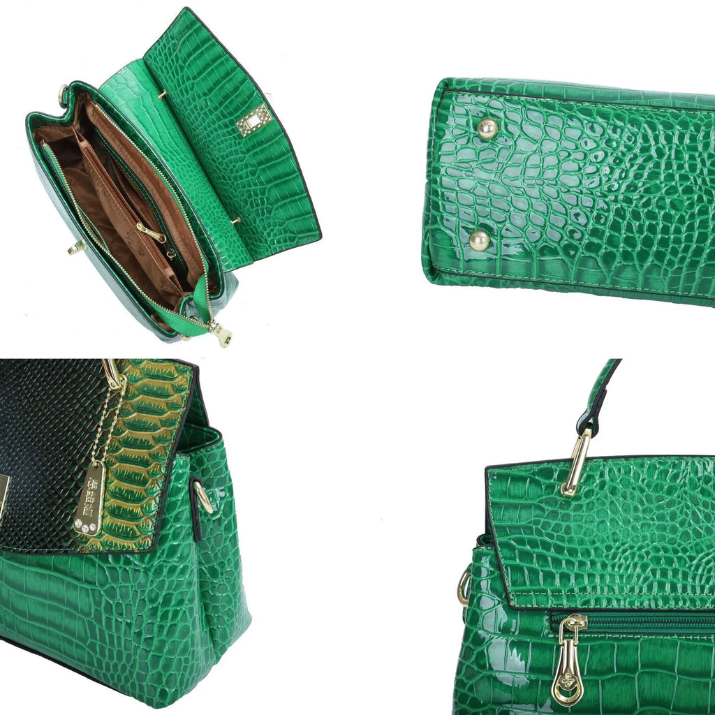 Women's crossbody handbag with crocodile and snake patterns in blue, green, orange, purple or white colours