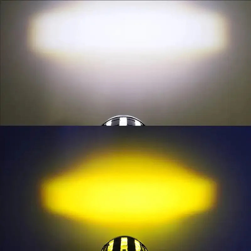 Aluminium motorcycle spotlight with dual-colour lens for 12-80V electric vehicles, showing IP68 waterproof rating.
