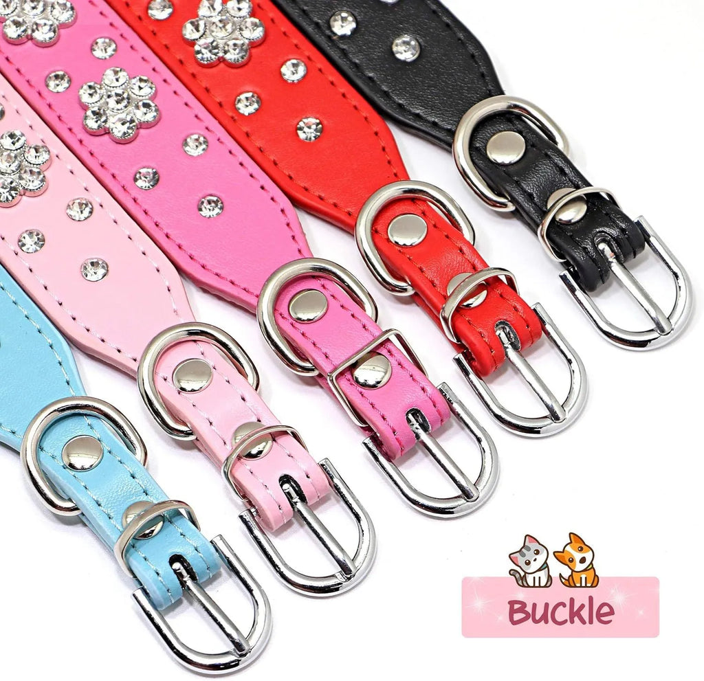 Decorative black dog collar with rhinestone flower pattern and studs on soft PU leather.