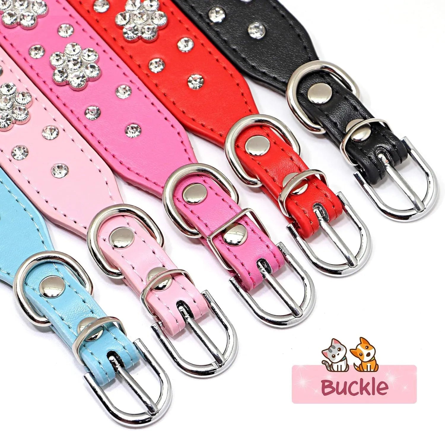 Decorative black dog collar with rhinestone flower pattern and studs on soft PU leather.