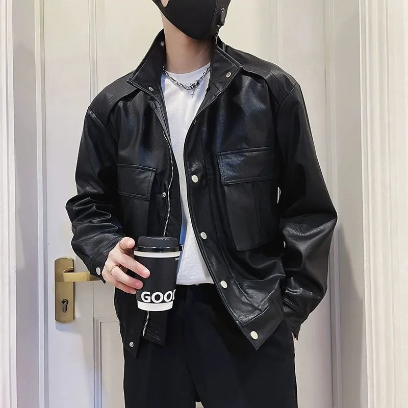 Men's Korean style black PU leather jacket with straight hem and side pockets