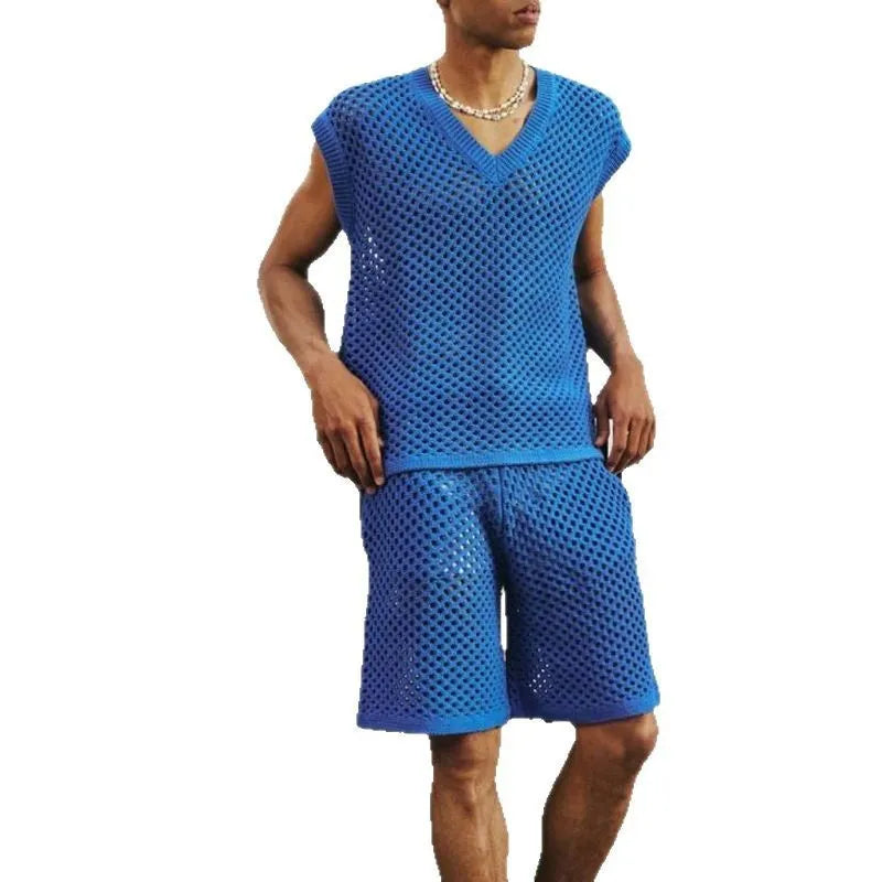 Men's blue V-neck vest and matching shorts sports suit set on hanger