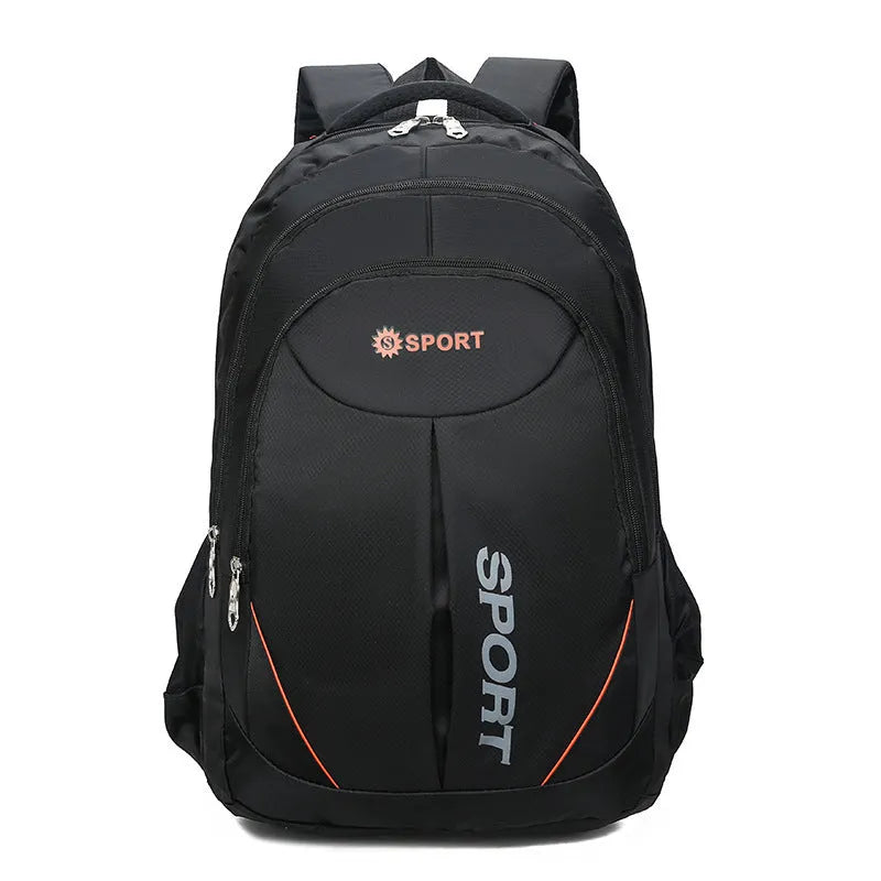 Men's large capacity nylon backpack in grey colour with curved shoulder straps and letter detailing