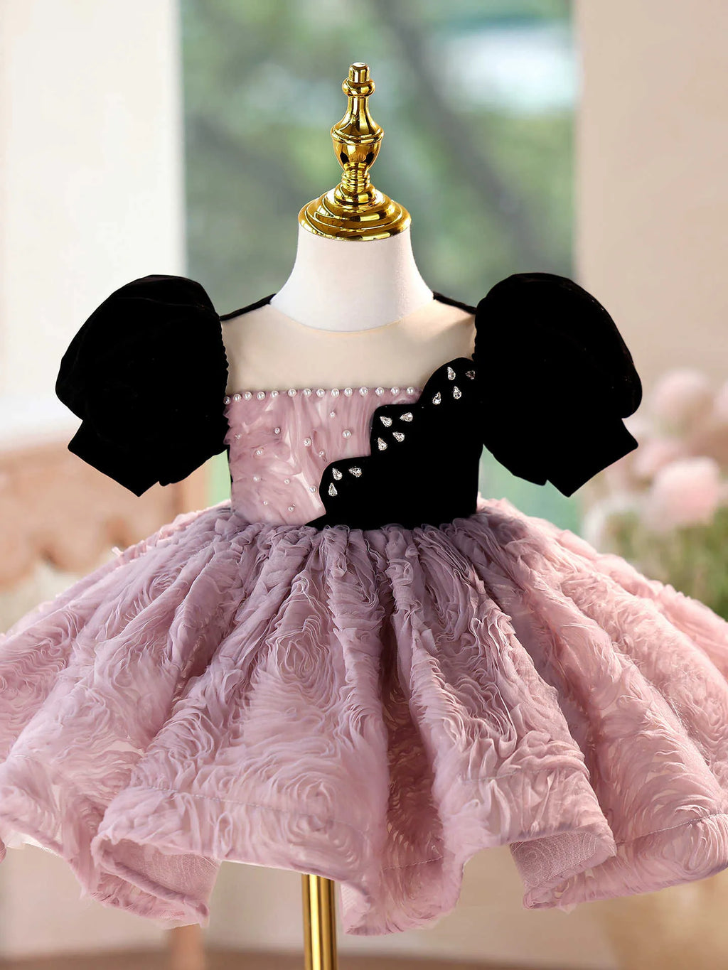 Girls' formal dress in pink purple, slim fit, short sleeves, round neck, for piano performance, height size options 90cm to 160cm