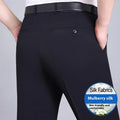 Men's straight-leg suit trousers in a mulberry silk blend fabric, shown in dark blue on a hanger.