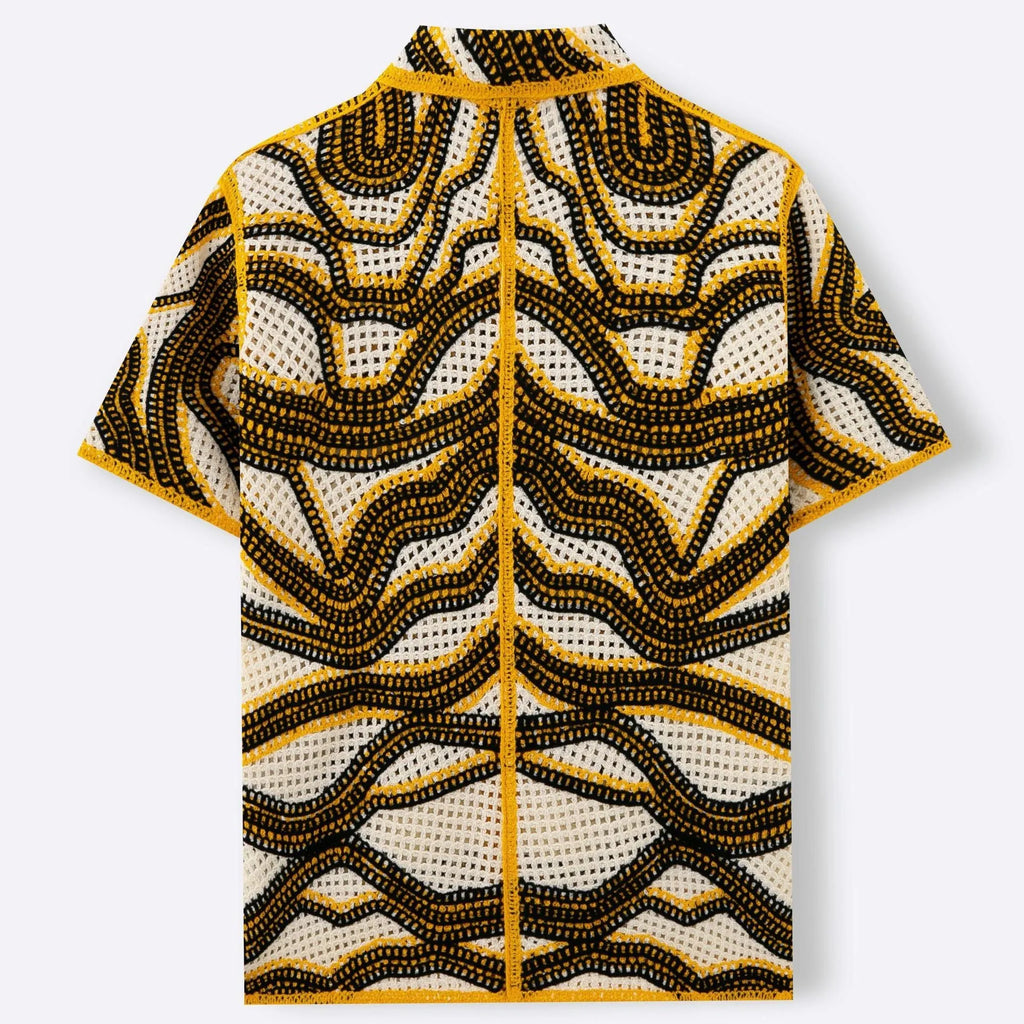 Khaki coloured hand-crocheted short sleeve cardigan with stripes and flocking texture