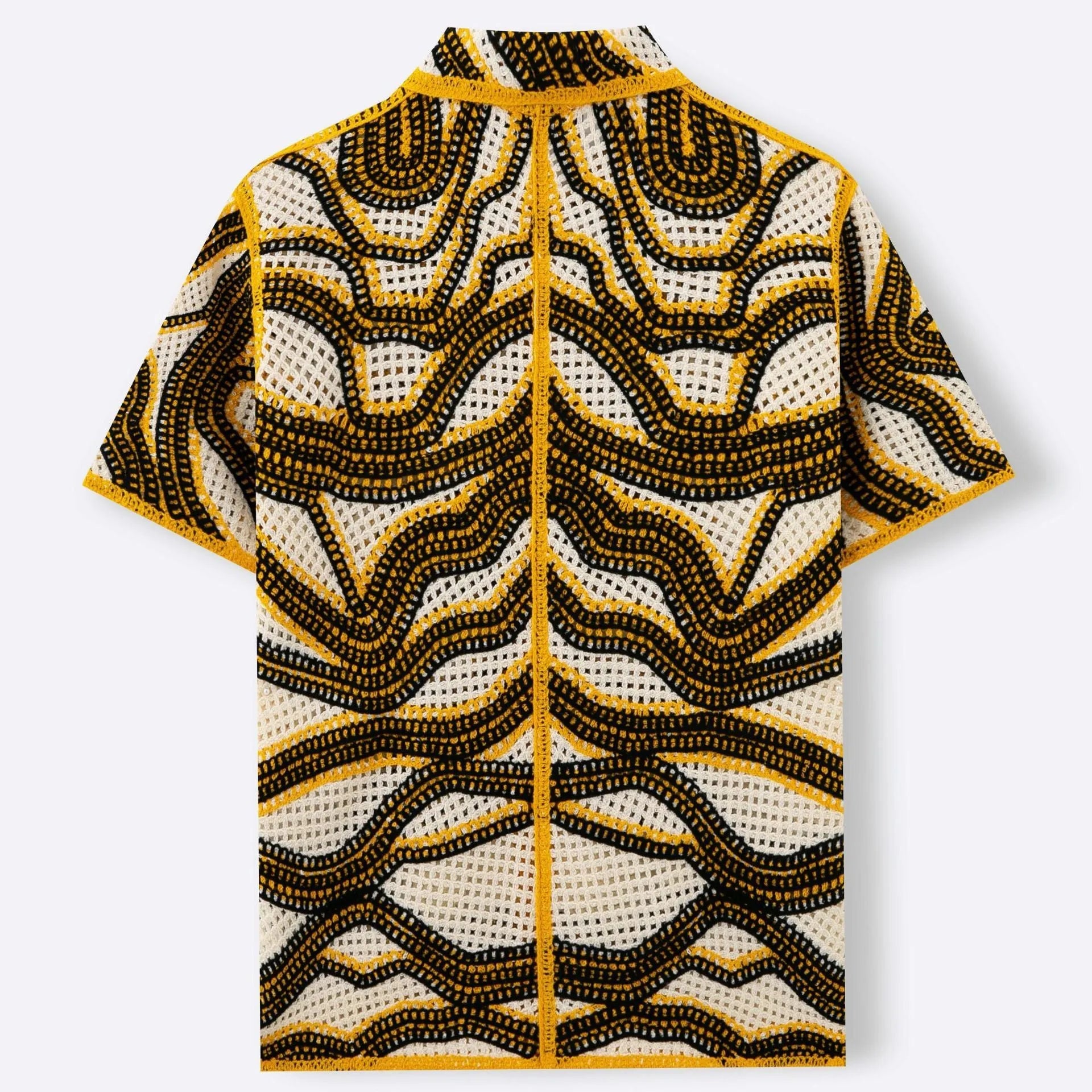 Khaki coloured hand-crocheted short sleeve cardigan with stripes and flocking texture