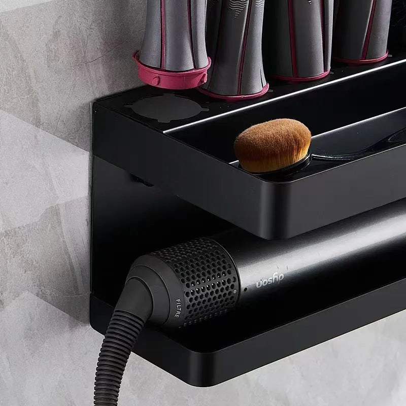 White double-layer aluminium bathroom storage rack for hair curlers mounted on a wall.