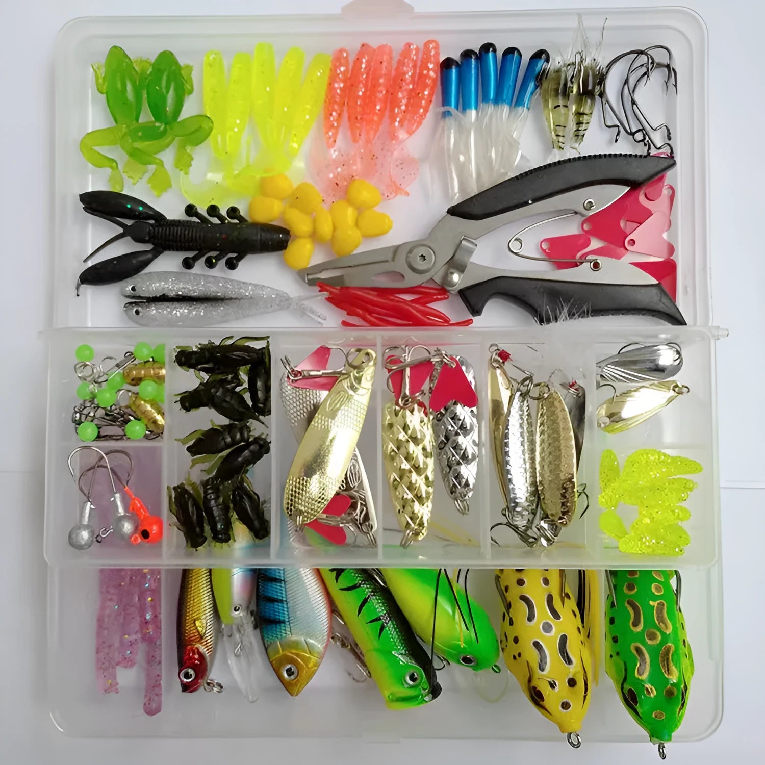 Fishing lure kit containing 142 pieces with hard minnow lures, sequins, fishhooks and fishing pliers