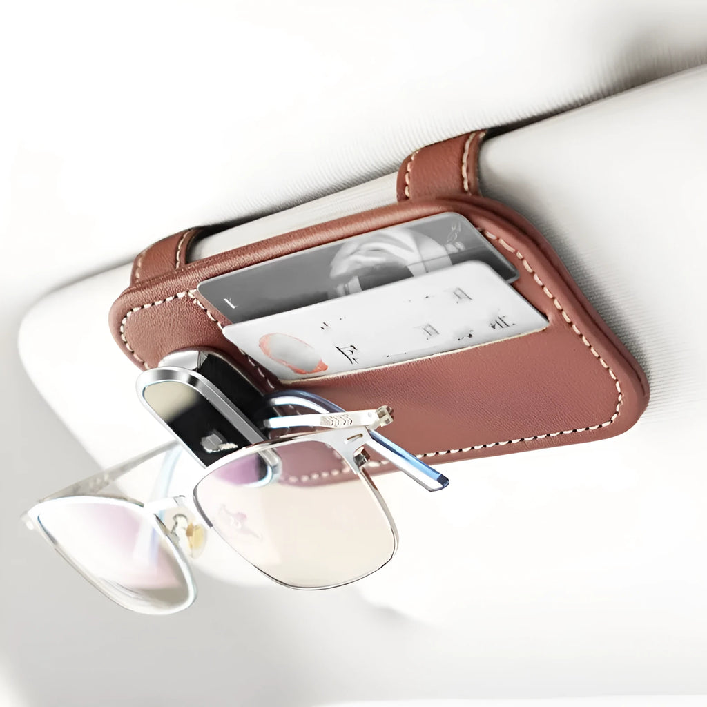 Car sun visor card holder with glasses clip in leather with snap-on installation