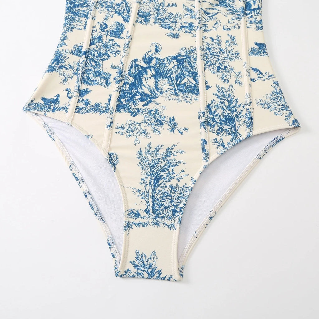 Blue one-piece swimsuit for women with polyester fabric and pattern design