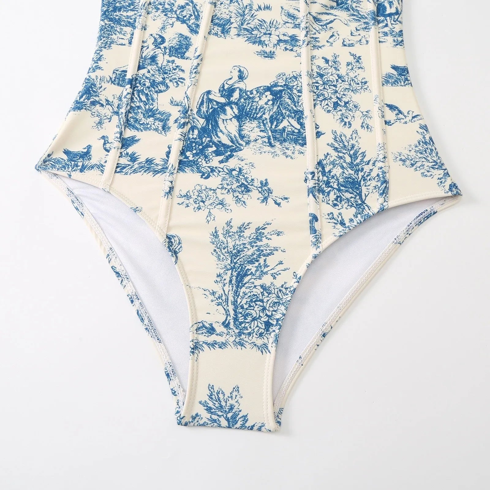 Blue one-piece swimsuit for women with polyester fabric and pattern design