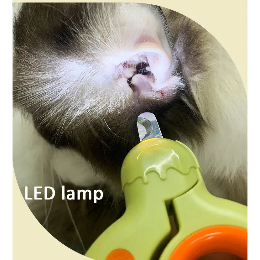 Blue pet nail clippers with LED light on, showing stainless steel blade and ergonomic handles for cat and dog grooming