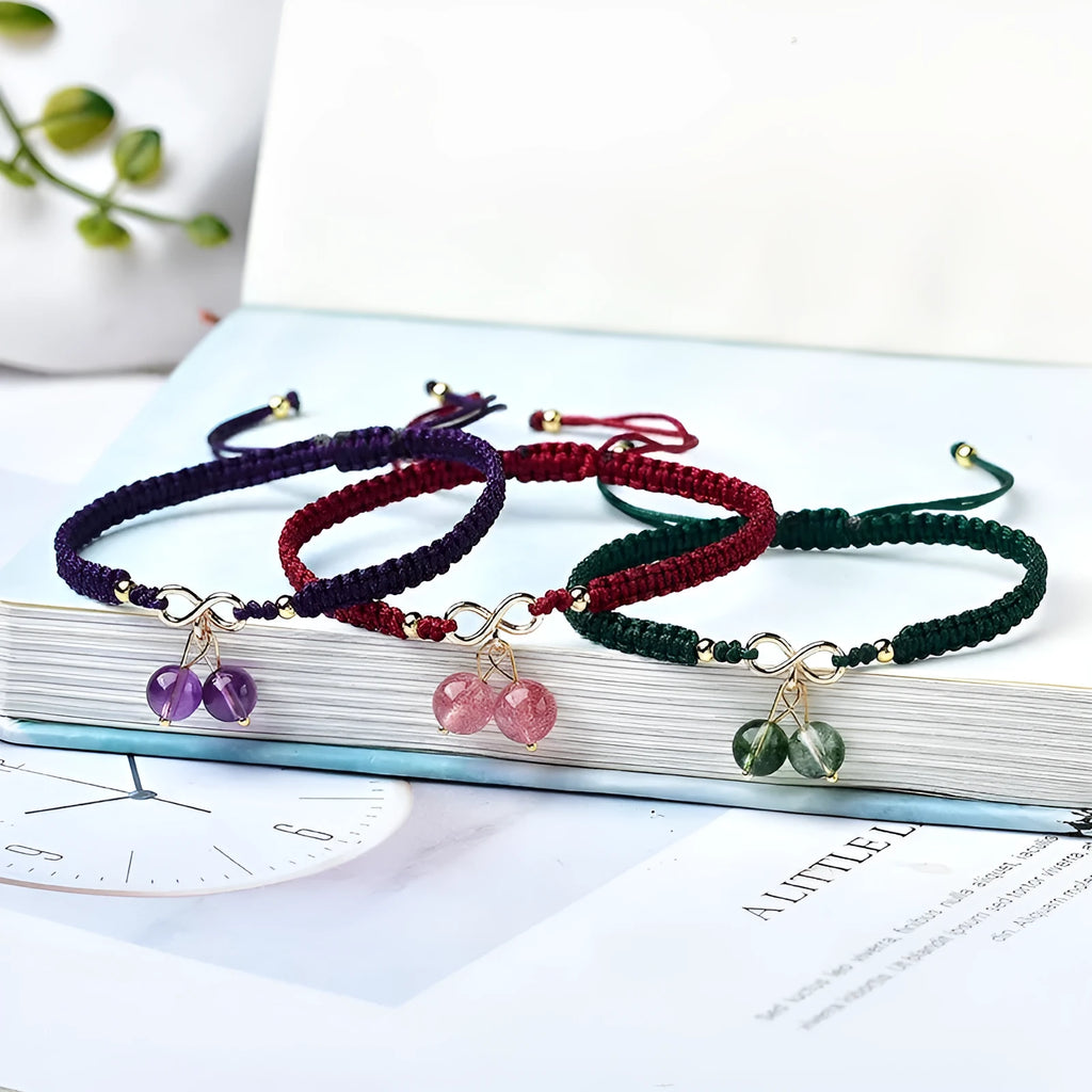 Natural strawberry quartz cherry bracelet for women with purple pink crystal beads on elastic cord