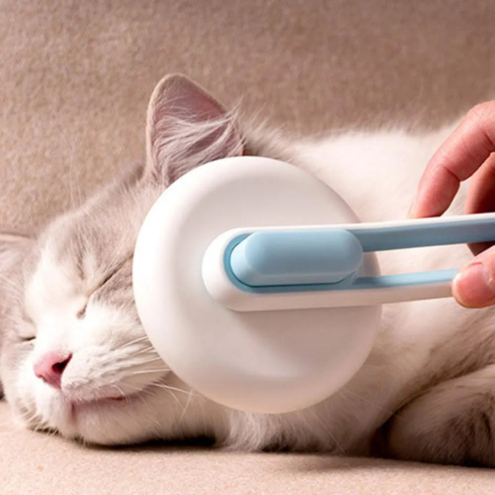 Automatic pet hair remover brush with stainless steel teeth and coloured ABS handle, shown with the hair release button.
