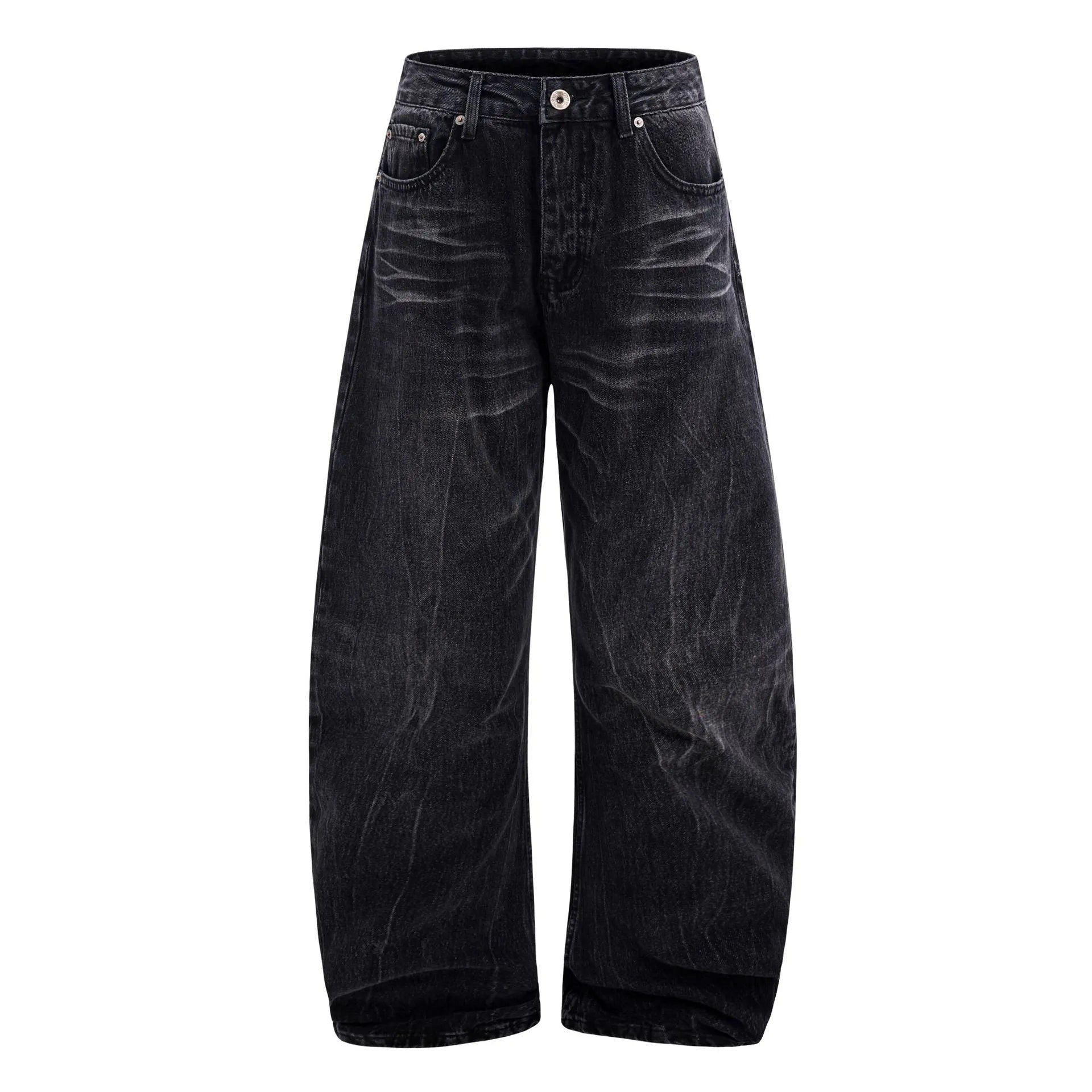 Black men's straight-leg jeans showing a cracked, washed denim finish on a plain background.