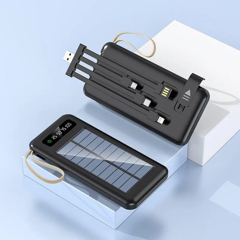 Solar power bank in black or white with polymer lithium-ion cells and solar charging panel