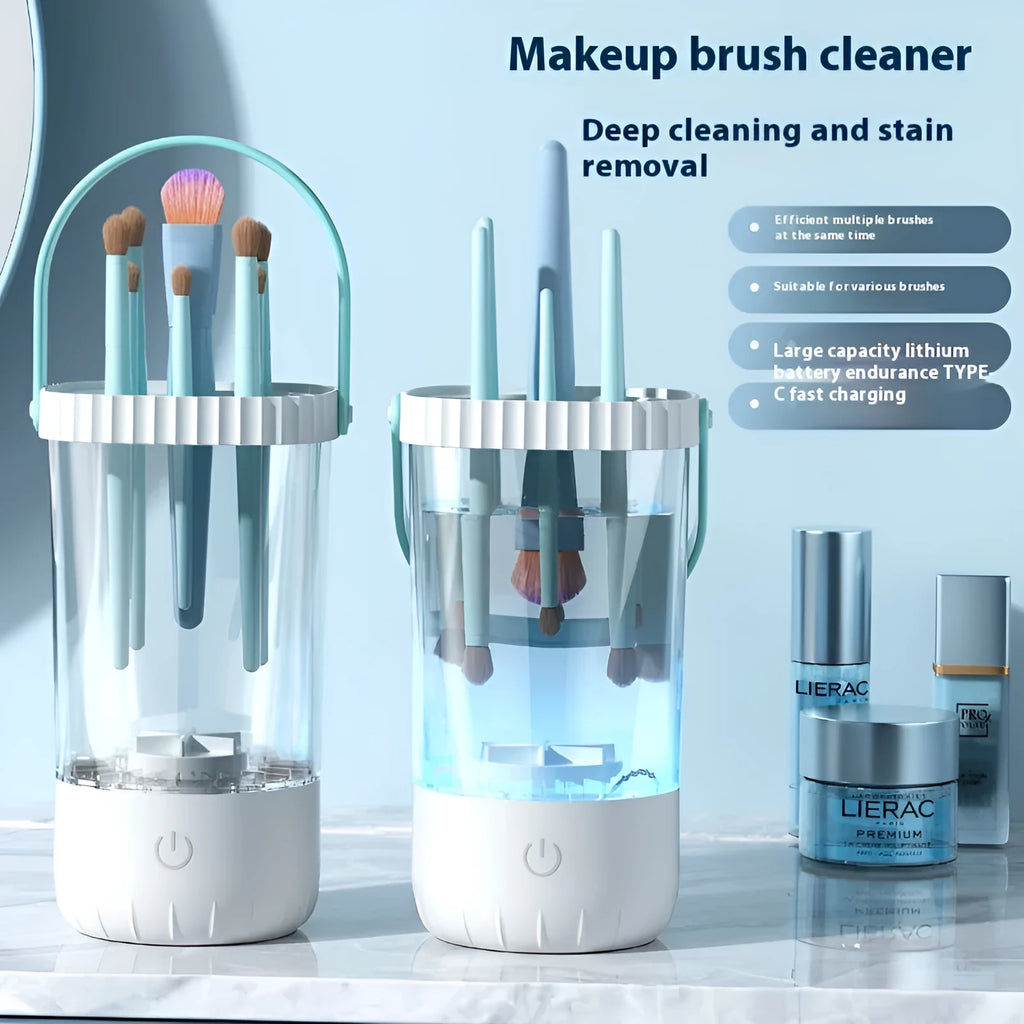 White plastic rechargeable electric makeup brush cleaner with USB charging cable