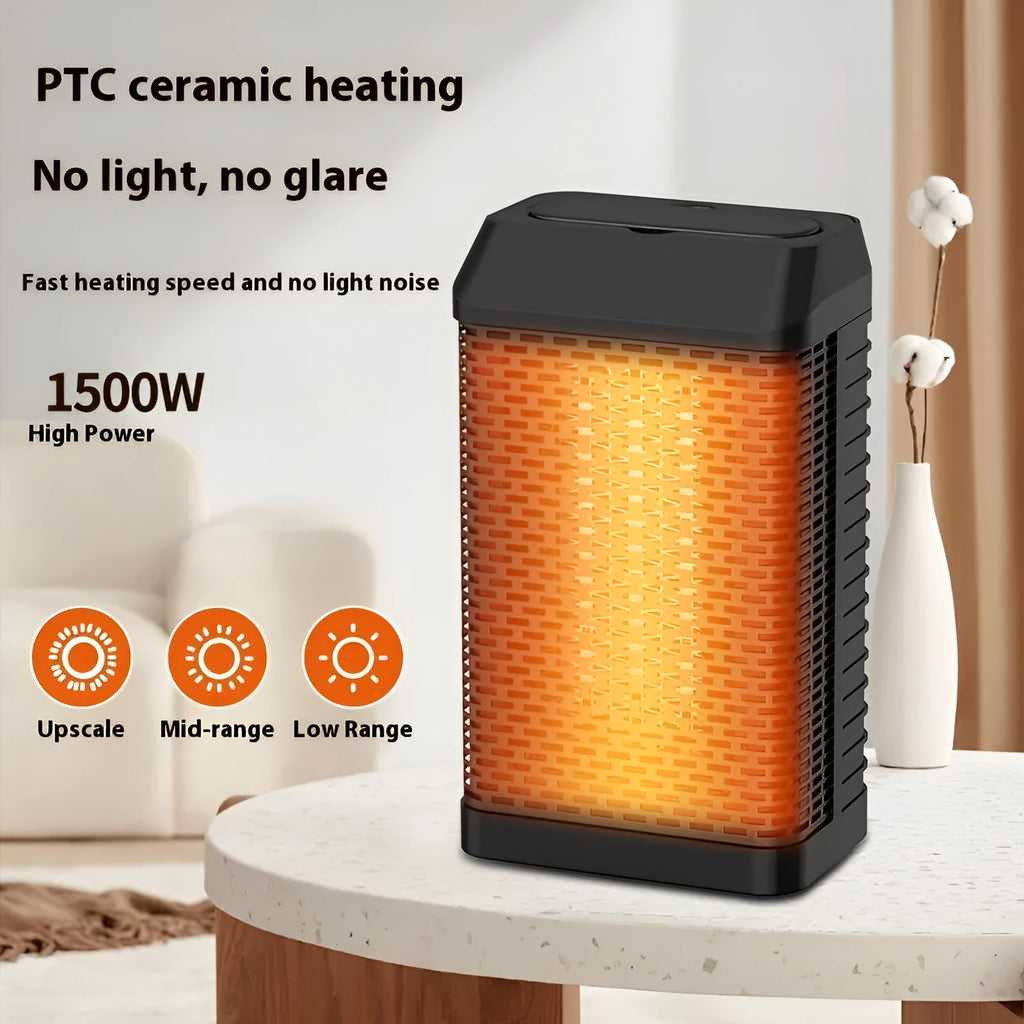 Black remote control smart desktop heater with compact dimensions on a desk.