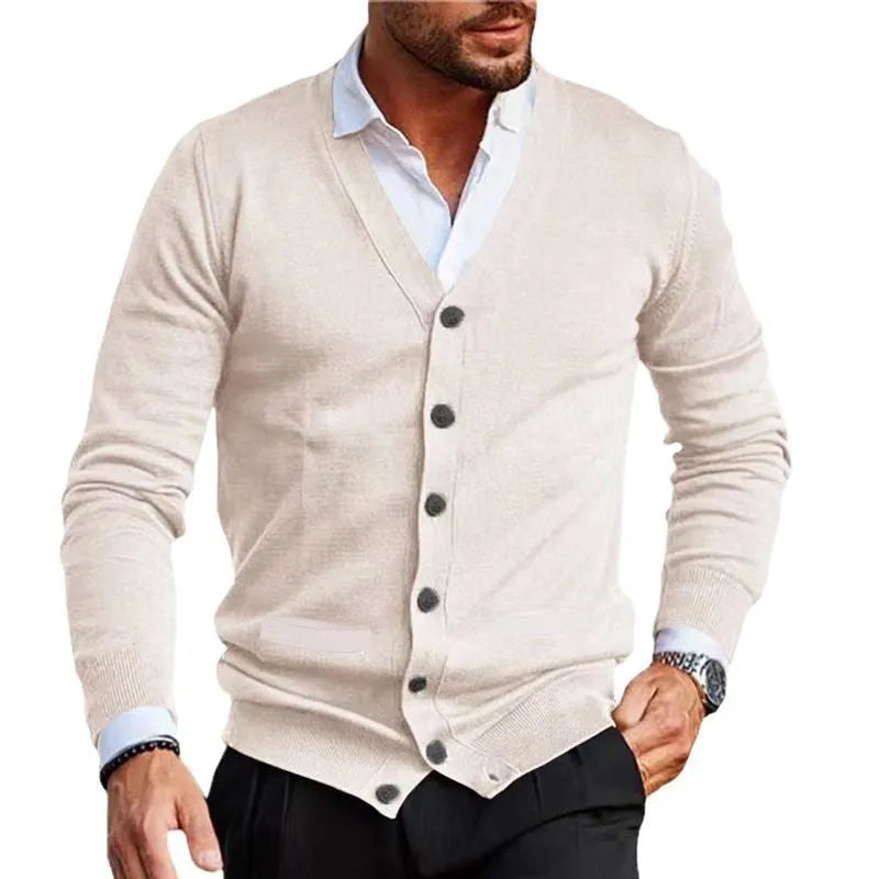 Men's slim fit acrylic cardigan sweater in wine red colour on a hanger.
