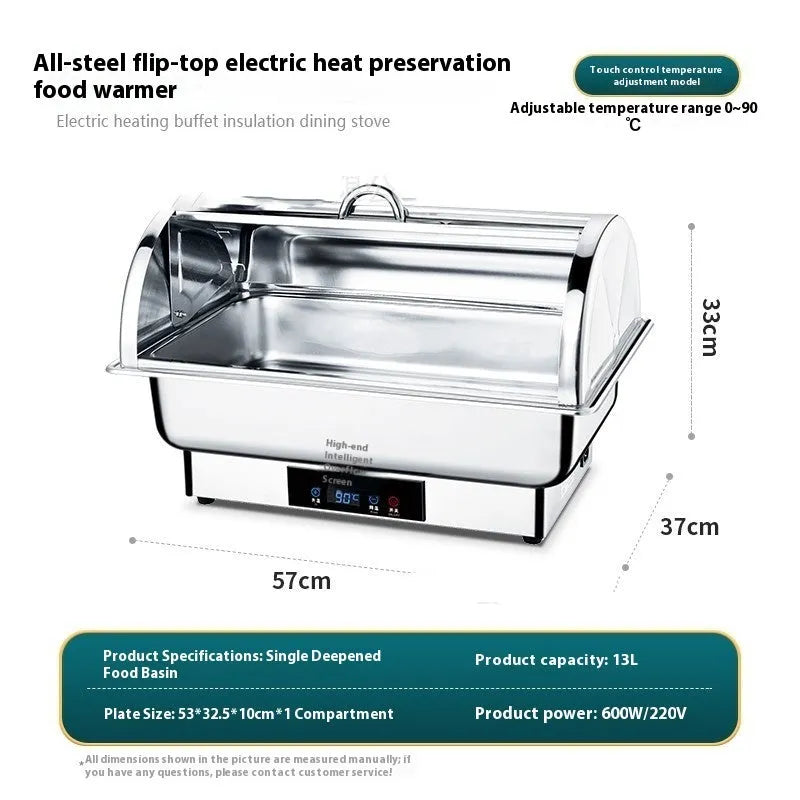 Transparent electric buffet stove with stainless steel construction and LCD temperature display
