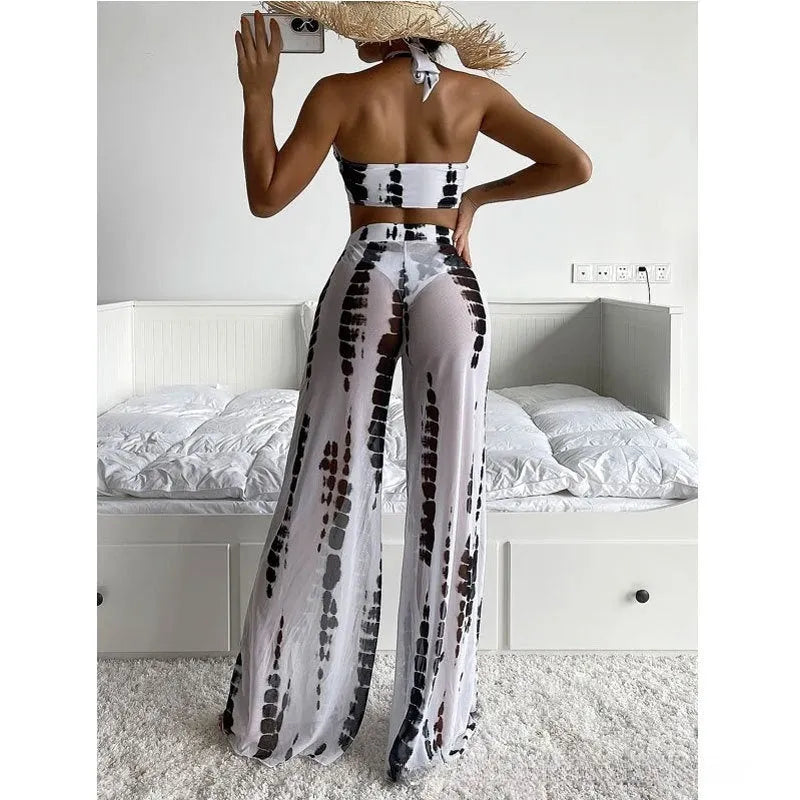 Women's three-piece swimsuit bikini set with mesh trousers in quick-dry polyester fabric