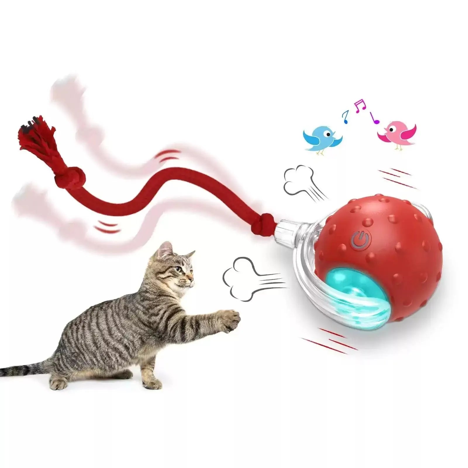 Red interactive cat toy ball with super drive rolling mechanism on a plain background.