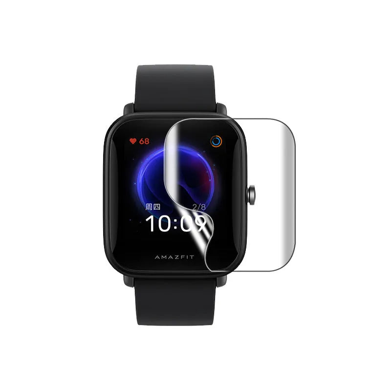 Amazfit Bip smartwatch with clear TPU hydrogel screen protector applied, showing full coverage and easy-tear backing.