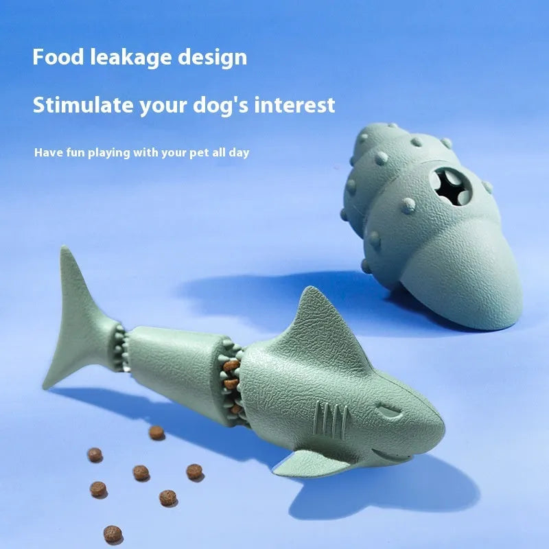 Deep sea shark design rubber dog toy shown in conch blue, conch green, starfish blue, and starfish green colour variations.