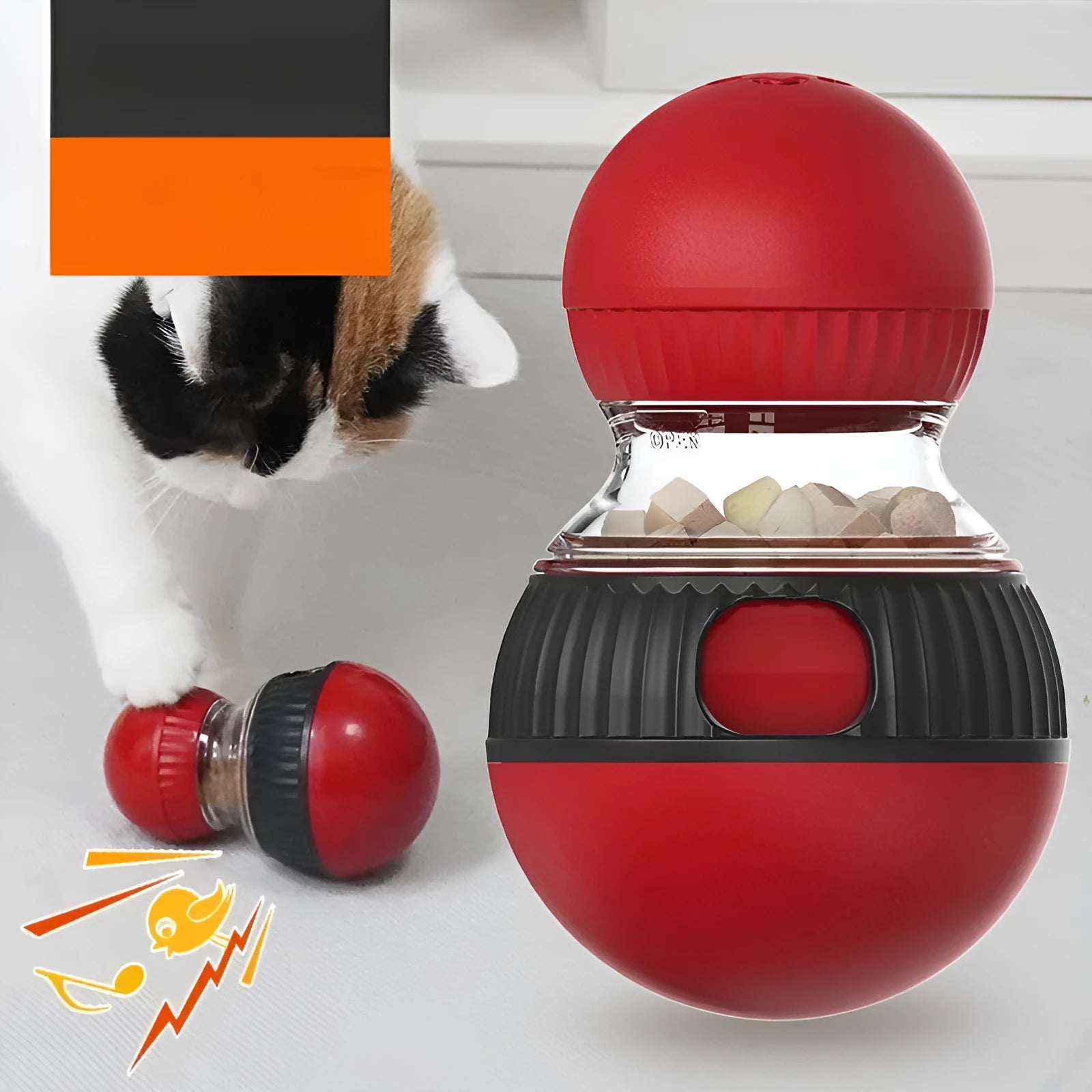 Rotating plastic cat toy with sound function and food dropping ball, dimensions 155mm x 87.5mm