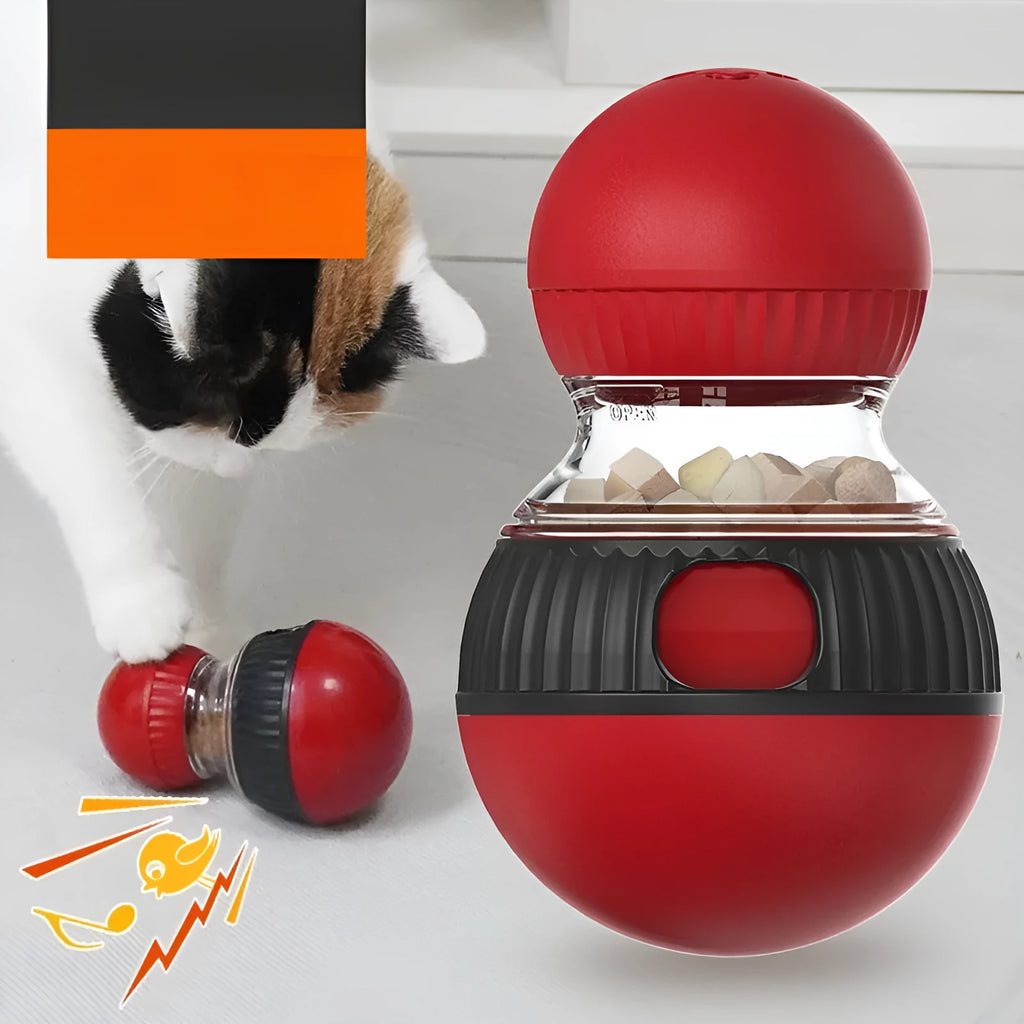 Rotating plastic cat toy ball in super ball colours with food-dispensing and sound features.