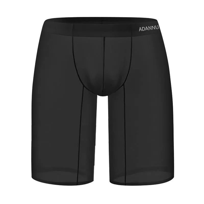 Men's black seamless knitted mesh home shorts laid flat showing hip lift design